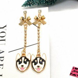 Nwt Dogs: Clear Crystals & Bows Husky dog Earrings